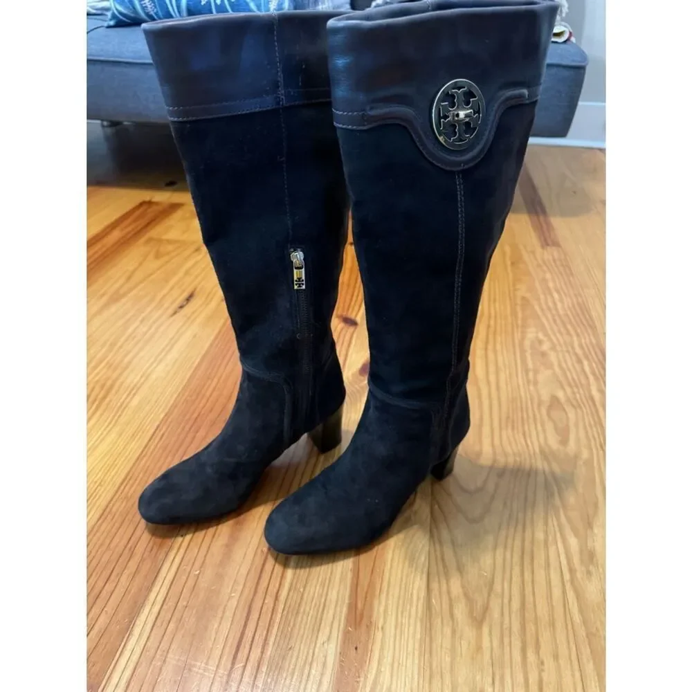 Tory Burch Selma Mid Heel Tall Riding Boots Womens SIZE 8.5M Brown Suede Leather
